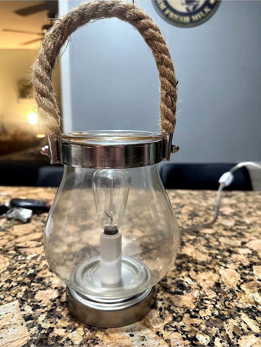 Glass Lantern with Rope Handle in Clear & Silver